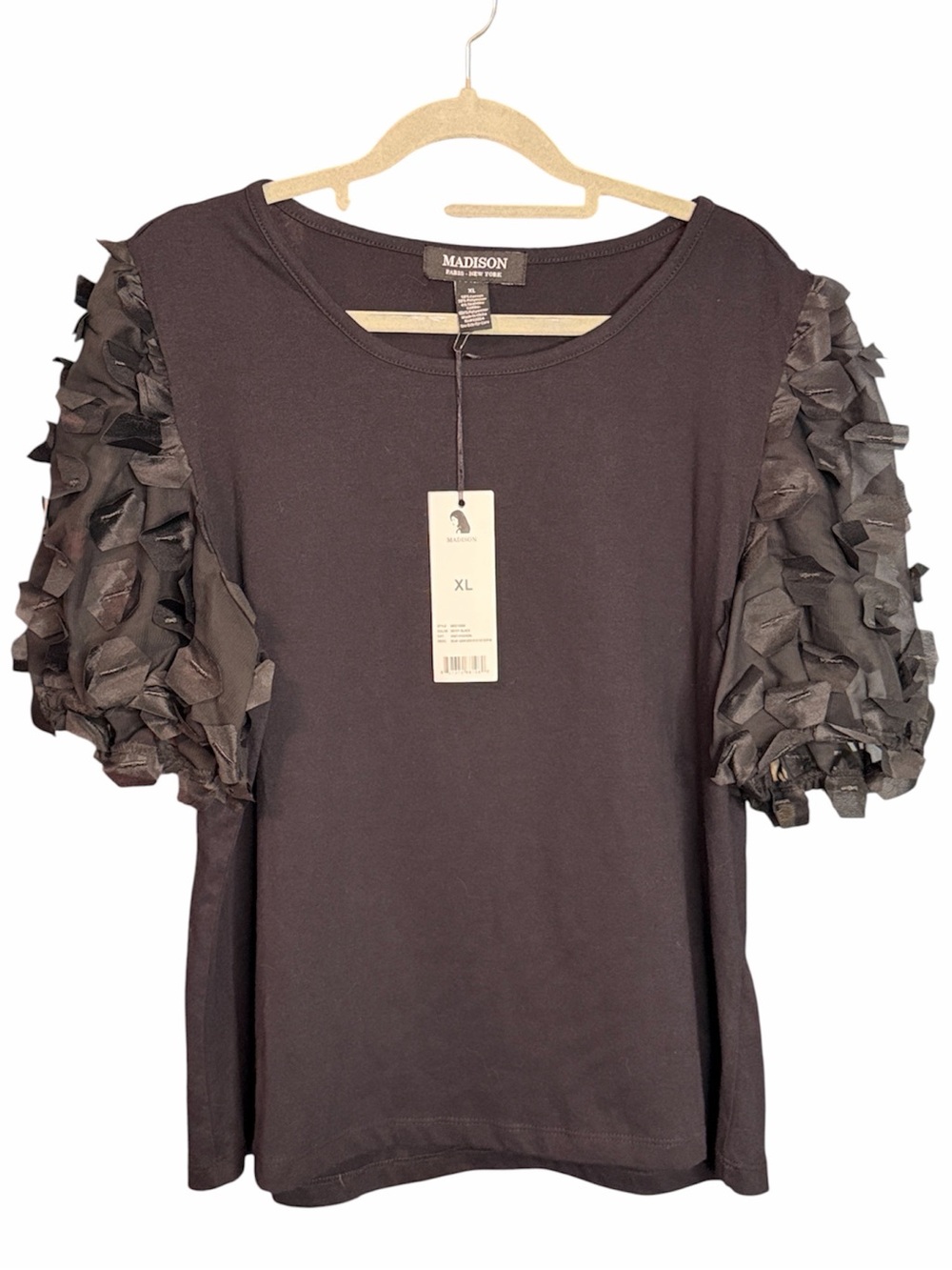 Madison Black Knit Crew Neck Top Skylar 3D cut out on elbow sleeve